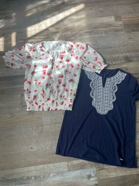Cottagecore Tops Bundle - Strawberry Blouse and Navy Blue Embroidered Top